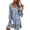 2024 Transfronterizo Europeo y Americano Primavera y Verano Nuevo Cuello en V Empalme Floral Falda Estampada Manga Tres Cuartos Vestido Mini en Capas