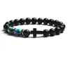 Pulsera de Onyx Negro Mate con Colgante de Cruz Ojo de Tigre Azul y Separadores de Plata Ajustable Moderna Joyería Religiosa para Hombres y Mujeres Accesorio de Regalo Espiritual y Casual
