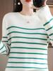 Suéter de Terciopelo Fino Andy Estilo Nuevo Primavera 2024 para Mujer, Cuello Redondo, Manga Larga, Rayado, Camisa Base Versátil, Top para Usar Solo