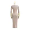 Vestido Bodycon Sexy Alto de Cuello en V para Mujer Estilo Puro Deseo Vestido Largo Chica Caliente Kardashian Manga Larga Vestido Base Cepillado