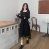 Vestido Patchwork de Malla Floral Negro para Mujer, Nuevo Estilo Primavera, Cuello Cuadrado, Abotonado, Cintura Alta, Falda Larga Tipo Dos Piezas, Corte A