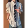 Camisa de manga longa com gravata falsa emendada para homens e mulheres, estilo faculdade americana de primavera, jaqueta de camisa em camadas para casais