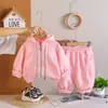 Conjunto de Roupa para Meninas Primavera e Outono 2026 Novo Estilo Coreano Moda Conjunto de Duas Peças para Meninas Pequenas com Moletom com Zíper Duplo