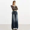 Jeans Estrechos de Pierna Ancha Gris Azul para Mujer, Otoño 2026 Nuevo Vintage Desgastado Elástico de Cintura Alta Rectos