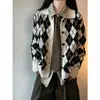 Suéter Cardigan Xadrez Fair Isle Americano Masculino Outono Estilo Preguiçoso Solto Malha Peça de Roupa Externa de Gola Alta de Alta Qualidade