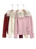 Abrigo Corto de Punto Estilo Retro Americano con Cuello de Piel, Nuevo Estilo Otoño e Invierno, Estilo Perezoso, Versátil, Corte Entallado, Cárdigan Suéter con Cremallera para Mujer