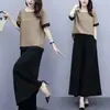 Conjunto de verão feminino, plus size, de corte solto, projetado para corpos curvilíneos, adequado para mães de meia-idade, com um visual jovem e estiloso, apresentando calças de perna larga e uma saia em um conjunto de duas peças.