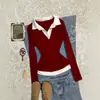 Chegada Nova de Outono Bloco de Cores Gola Lapela Gola Polo Falsa Peça Única Manga Longa Moda Decote V Slim Fit Camisa Base Camiseta Feminino Atacado