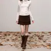 Saia Foreve de tricô patchwork com barra franzida e cordão, nova saia bolo de cintura alta emagrecedora feminina para primavera