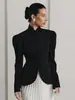 Blazer Transpirable Negro de Manga Abullonada con Cintura Ajustada para Mujer, Estilo Europeo y Americano, Chaqueta de Invierno 2026 de Gama Alta con Cuello Alto, Moda para Mujer