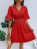 2026 Ropa de Mujer Transfronteriza Europea y Americana Verano Nuevo Estilo Vestido de Color Sólido con Encaje Empalmado Moda Cuello en V Ceñido a la Cintura