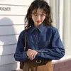 Foto Real # Camisa Jeans Azul Básica Simples Top para Mulheres 2025 Primavera Novo Estilo Jaqueta Confortável Azul Escuro