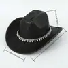 Sombrero Vaquero Occidental Negro Brillante Transfronterizo Moda Cadena de Perlas Decoración Sombrero de Mujer Circunferencia de Cabeza Grande Sombrero de Jazz