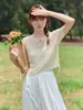Nova Blusa Feminina de Verão Estilo Francês Suave Damasco Gelo Seda Tricô Manga Curta Fina Solta Cordão Vazada Top