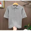 Camisa Polo de Punto para Hombre de Manga Corta Holgada Estilo Veraniego Ligero Maduro Patrón de Cáñamo Solapa Tendencia Coreana Manga Tres Cuartos Camiseta Corta