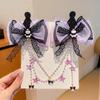 Accesorios para el cabello Kuromi para niños Super de hadas Colgante para la frente 2025 Nuevo estilo Lazo de malla Pasador de pelo Lazo Dibujo animado Cadena para la frente