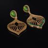 Pendientes Retro de Alto Gama Estilo Corte Dorado Antiguo Esmeralda Gota de Agua Piedra Preciosa Forma de Abanico Diamante Verde