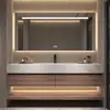 Conjunto moderno minimalista de lavatório e gabinete de banheiro estilo smart para hotel, incluindo um gabinete de banheiro em placa de rocha e uma cuba integrada