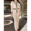Chique Estilo Coreano Vintage Gola Contraste Vestido Tricotado Feminino Moldurado Elegante Estilo Chanel Plissado Solto Saia Longa