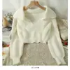 Suéter de punto de manga larga con cuello en V abierto y solapa estilo francés para mujer, otoño e invierno 2023, corto, ajustado, adelgazante, moda