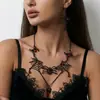 Colar e Brincos Europeus e Americanos Dark Gothic com Teia de Aranha e Diamantes Vermelhos Gargantilha Exagerada de Trabalho Pesado em Forma de Y Acessórios para Festa de Halloween