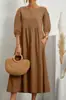 2024 Nuevo Vestido de Pantalón de Algodón y Lino para Mujer, Estilo Europeo y Americano, Color Puro, Moda, Manga de Farol, Holgado, Bolsillo con Solapa, En Stock
