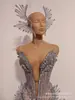 Vestido Mini Strapless Brillante de Diamantes Plateados de Lujo Atuendo de Cumpleaños para Mujer Sexy Disfraz de Performance Ropa de Escenario para Cantante