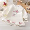 Vestido Moletom de Veludo Outono/Inverno para Meninas, Vestido Fofo com Estampa de Desenho e Laço, Saia de Renda tipo Botão de Flor Espessa de Inverno