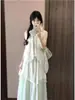 Vestido Largo de Falda sin Mangas con Cuello Halter Estilo Dulce Francés Nuevo de Verano con Encaje Adelgazante y Flores para Mujer