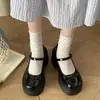 Sapatos de Couro da Moda com Salto Alto e Bico Baixo, Estilo Verão 2025, para Usar com Saias, Sapatos Mary Jane com Solado Grosso Aumentador de Altura, Estilo Francês, para Mulheres