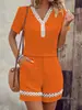 Verão 2026 Novo Estilo Europeu e Americano Atravessando Fronteiras Comércio Exterior Moda Renda Costurada Cor Sólida Conjunto de Camiseta de Manga Curta e Shorts Feminino