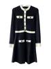 Vestido de Tricô Feminino Transfronteiriço Outono e Inverno Novo Estilo Francês Elegante Estilo Pequeno Chanel Cor Contrastante Preto e Branco Gola Redonda Manga Longa Cintura Alta