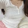 Estilo Deseo Puro Cuello U Botón Floral Pequeño Hombro Camiseta de Manga Larga Top para Mujer Otoño Ajustado Adelgazante Reductor de Edad Camiseta Básica