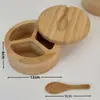 Bote para Condimentos de Bambú Duoge de Venta Caliente Transfronterizo con Cuchara Caja de Sal de Madera de Bambú Nanzhu de Doble Compartimento Sellada Suministros de Cocina