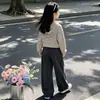 Conjunto de três peças: colete moletom com capuz listrado estilo coreano para meninas, calça esportiva casual de perna larga para primavera/outono