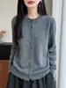 Cardigã de malha com contas 100% lã pura, novo estilo outono/inverno feminino, chique e elegante, gola redonda, casaco suéter quente