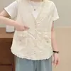 Chaleco Artístico de Algodón y Lino con Cuello en V para Mujer, Top Cardigan Elegante con Adorno de Encaje para Primavera y Verano