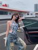 Jeans rasgado retrô estilo americano feminino primavera e outono design sentido calças largas calças soltas retas mop calças velha garota quente