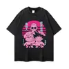 Camiseta Retro Distressed de Manga Corta Streetwear Personajes de Anime Rosas Estampado Grande Hombro Caído Holgada de Verano Manga Larga