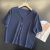 Fio de Papel Japonês Importado Fresco e Confortável Gola V Seda de Amora Solto Casual Elegante Manga Curta Cardigan de Tricô Top