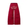 Comércio Transfronteiriço Edx Calça Casual Americana para Mulheres Outono e Inverno 2025 Calça de Moletom Vermelha Estampada Plissada Sabre Dançante Perna Larga