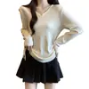 Camiseta de manga larga con cuello en V para mujer, nuevo estilo primavera-verano 2026, talla grande, corte holgado, adelgazante, top con cordón para mujer