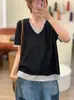 Novedad Primavera/Verano 2026 Moda Casual Suelta de Algodón y Lino Suéter de Punto Ligero de Manga Corta Dos en Uno para Mujer