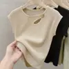 Camiseta de Punto Hueca Gris Inspirada en el Diseño para Mujer, Nuevo Estilo de Verano, Cuello Redondo, Corte Ajustado, Adelgazante, Top con Manga Acampanada, Ligero