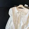 Camisa Feminina de Bolinhas com Gola, Novo Design Outono 2026, Manga Longa, Emagrecedora, Elegante Top Branco