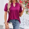 Ropa para Mujer Europea y Americana Cuello en V Manga Corta Abullonada Camiseta Plisada Color Sólido Top Casual para Mujer
