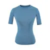 Top de Estilo Europeo y Americano, Ajustado, Cuello Redondo Pequeño, Manga de Tres Cuartos, Verano, Canalé, Corte Delgado, Favorecedor para la Figura, Ceñido a la Cintura, Camiseta de Manga Corta de Color Sólido