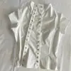 Camiseta Informal de Manga Corta de Color Sólido con Diseño de Doble Botonadura Estilo Japonés para Verano, Cuello Medio Alto, Corte Ajustado
