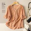 Exportación Ropa de Comercio Exterior Encaje Bordado Top para Mujer Artístico Talla Grande Algodón Lino Camiseta Manga Pétalo Verano Nueva Camisa