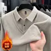 Inverno 2026 Novo Estilo Masculino de Meia-Idade Gola Lapela Falso Duas Peças Plus Veludo Espessado Tricô Roupa de Pai Camada Base Top